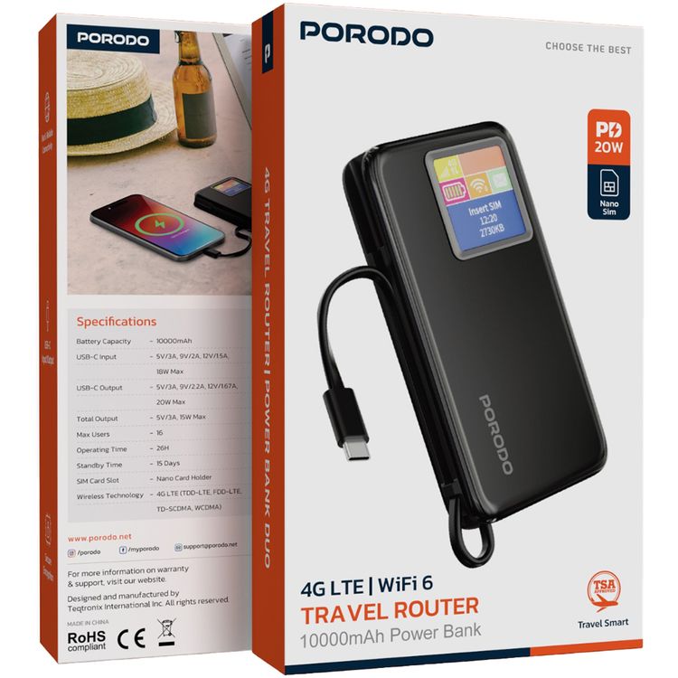 Porodo 4G LTE & Wi-Fi 6 PB087 Pocket Router with 10000mAh Power Bank, 4G LTE Wireless Technology, 15W Max Total Output, 16 Maximum Users, 26 Hours Working Time, Nano SIM Card Slot, 300Mbps TDD-LTE Speed, Fast & Reliable Connectivity, Secure Encryption, TSA Approved - Black