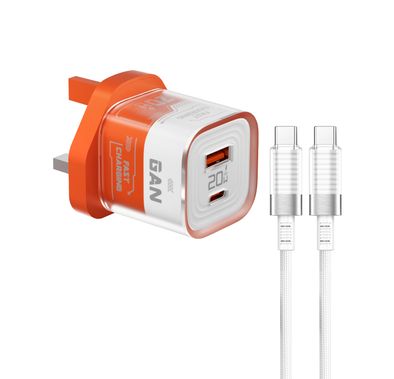 Porodo Crystal Shell GaN Wall Charger with 1.2m USB-C Cable Included, Simultaneous Charging, 20W Power Delivery, Overheat Protection, 18W USB-A Output - Orange