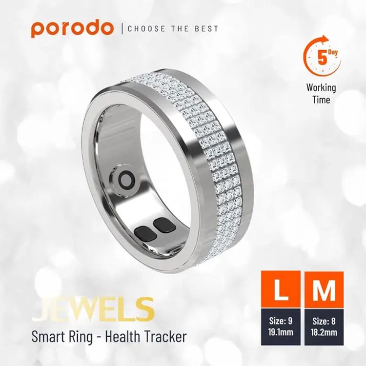 Porodo Jewels Smart Ring with Up to 5 Days Working Time, Size 18.2mm, 16mAh Battery Capacity, Walking, Running & Riding Modes, Calorie Counter & Distance Tracker, 25 Days Standby Time - Silver