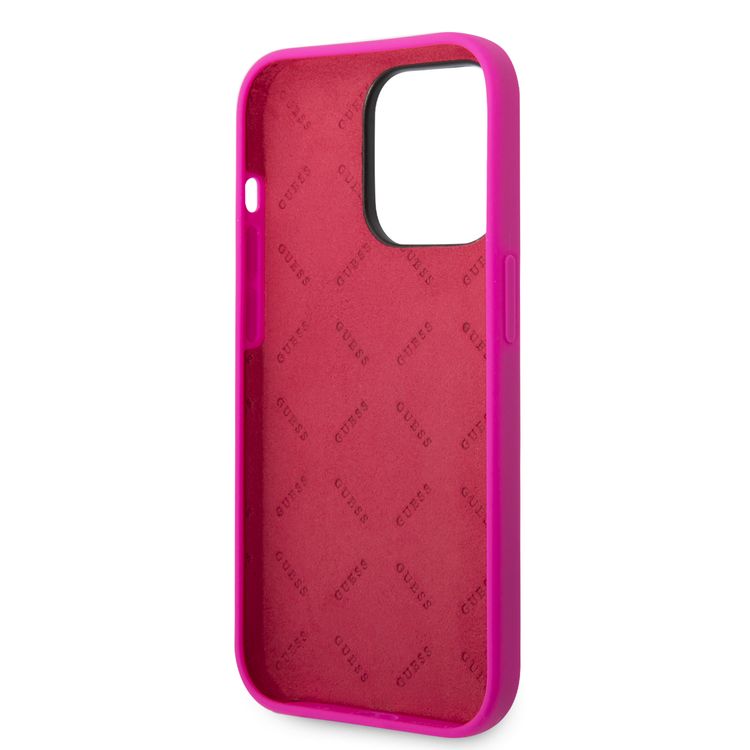 Guess Liquid Silicone Case With PC Camera Outline & Script Metal Logo - iPhone 14 Pro - Fuchsia
