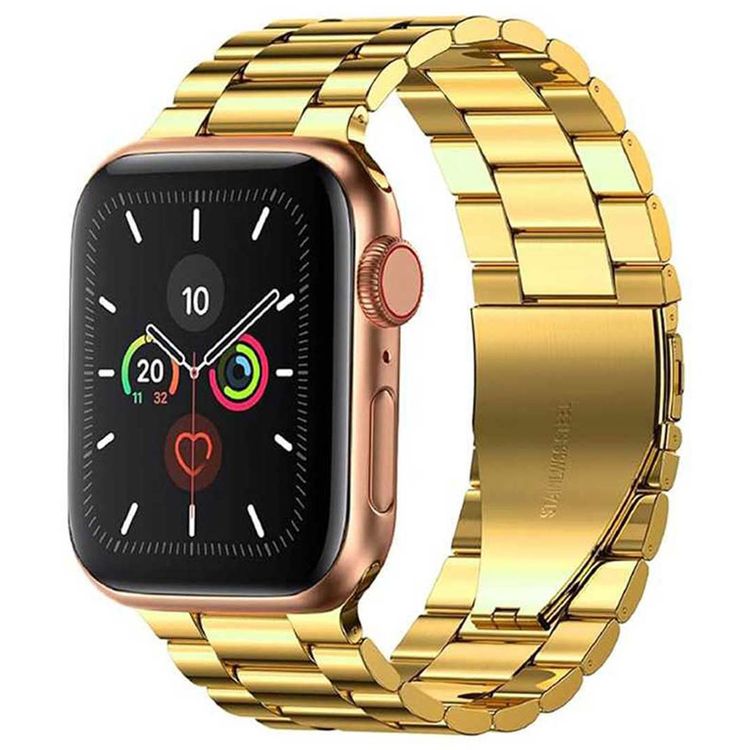 Green Lion Link Stainless Steel Strap for Apple Watch 42/44/45/49mm, Double Button Folding Clasp, Lightweight & Easy to Install, Comfortable to Wear, Waterproof - Gold