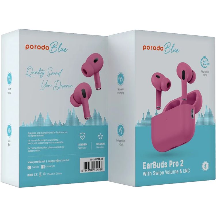 Porodo Blue Earbuds Pro 2 With Swipe Volume, 20 Hours Working Time, Wireless Charging, Deep Bass, Independent Earbuds, Touch Control - Pink