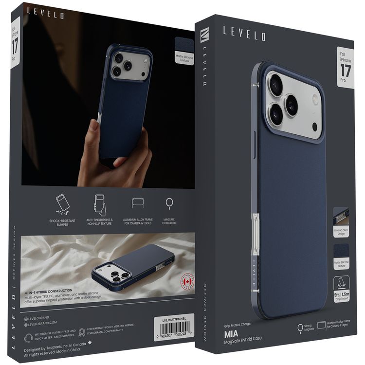 Levelo Mia MagSafe Hybrid Case for iPhone 17 Pro, N52 Strong Magnets, Matte Silicone Texture Material, Frosted Clear Design, 1.5m Drop Tested, Aluminum Alloy Frame for Camera & Edges, Non-Slip Texture, Comfortable Grip, Shock-Resistant Bumper - Midnight Blue