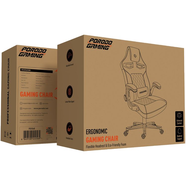 كرسي الألعاب المريح من Porodo مع مسند ظهر قابل للتعديل حتى 160°، كمية 1، مساند ذراع قابلة للتعديل، دعم وسادة للقطنية، قماش قابل للتنفس - أسود