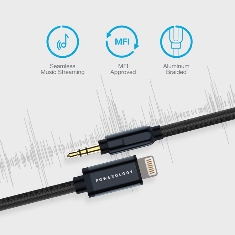 Powerology Lightning to Aux Cable with Aluminum Braided Coil, 1.2m Length, +5000 Bends Lifespan - Gray