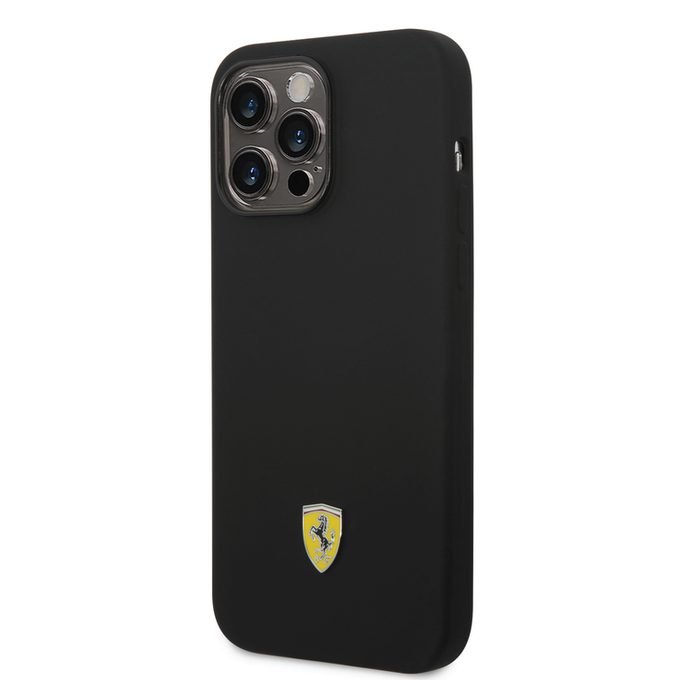 Ferrari Liquid Silicone Case with Black Camera Outline & Metal Logo iPhone 14 Pro Max Compatibility - Black