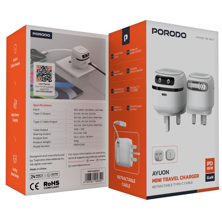 Porodo Ayuan Mini Travel Charger with GaN Technology, Retractable Type-C Cable, 65W Max Type-C Output, 65W Max Type-C Cable Output, 45W Total Output, Multi-Device Charging, Built-in Safety Features, Smiling Robot Design - White