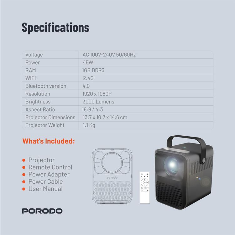 Porodo Full HD Portable Projector with 1920x1080 pixels Resolution, 3000 Lumens, 16:9, 4:3 Aspect Ratio, 45W Power, AC 100V-240V 50/60Hz, 3.5mm AUX, USB, HDMI Ports - Black