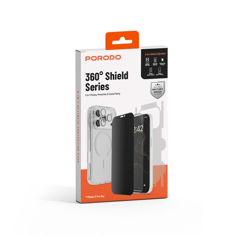 Porodo 360° Shield Series for iPhone 17 Pro Max with 5-in-1 Privacy, Protection & Crystal Clear, HD Clear Screen Protector, Privacy Screen Protector, Camera Lens Protector, MagSafe Clear Case, Back Film Protector, Drop-Tested Military Grade Protection - Clear