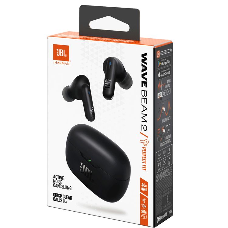 JBL Wave Beam2 True Wireless Earbuds with ANC & Smart Ambient, Water & Dust Resistant, Seamless Bluetooth Pairing, Speed Charging, 40 Hours Battery Life, 4 Microphones, JBL Pure Bass Sound - Black