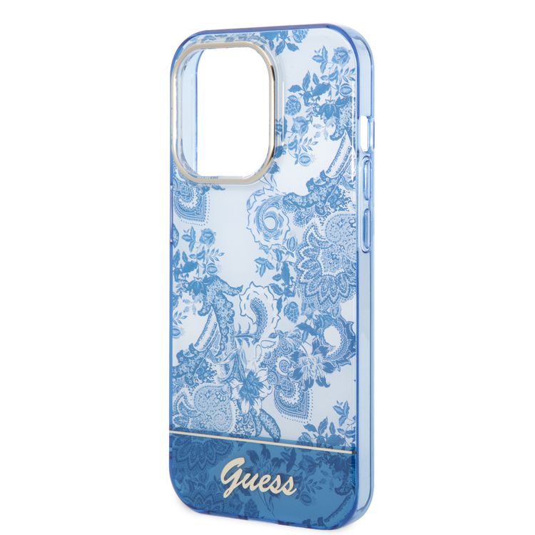 Guess PC/TPU IML Case With Double Layer Electroplated Camera Outline & Toile De Jouy - iPhone 14 Pro Max - Blue