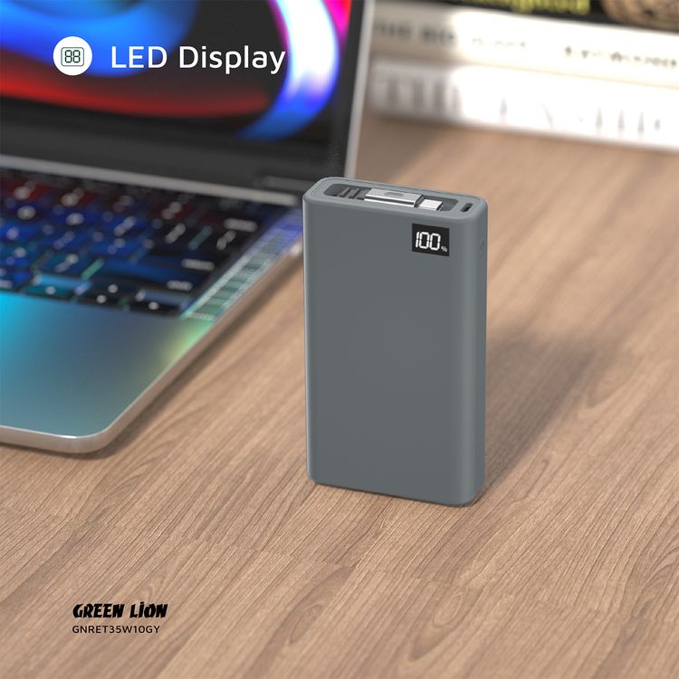 باور بانك جرين ليون بقوة 10000mAh قابل للسحب مع توصيل طاقة 35 واط، شاشة LED، طول كابل 75 سم، منفذ Type-C، دعم للشحن السريع - رمادي