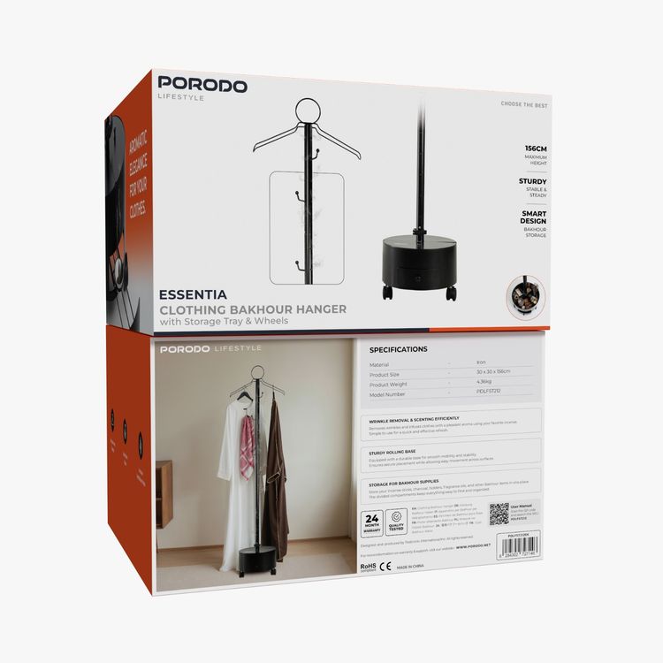Porodo Lifestyle Essentia Clothing Bakhour Hanger with Storage Tray & Wheels, Incense Ventilation Holes, Hanger Hook Design, Easy-Move Base - Black