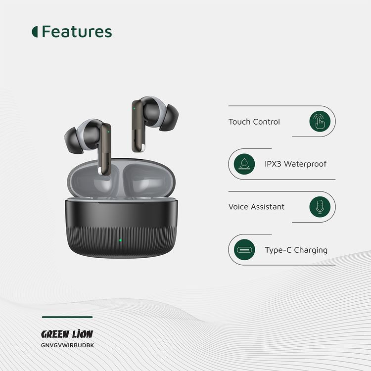 Green Lion Vancouver True Wireless Earbuds with Dual Microphones, 200mAh Charging Case & 25mAh Earbuds Battery, Up to 4 Hours Play Time, Bluetooth Version 6.0, 12m Transmission Range - Black