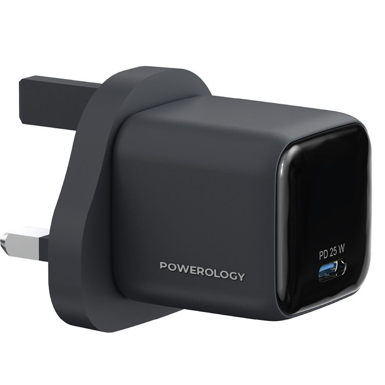 Powerology Volt-X 25W Mini Gan Wall Charger with USB-C to Lightning Cable, Universal Protocol Support, Fast Charging Speed, Wide Compatibility, Compact Travel Size - Black