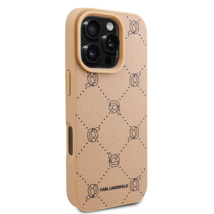 Karl Lagerfeld PU Hard Case for iPhone 16 Pro with Karl Heads, Drop Protection, Slim Profile, Lightweight, Comfortable Grip, Easy Snap-on, Sustainable Packaging - Beige