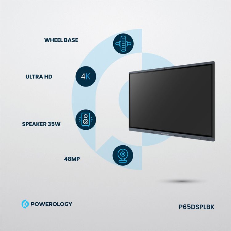 Powerology Dual Windows & Android Interactive Smartboard, Wireless Screen Casting, Digital writing & Drawing, Bluetooth V5.0, 65" D-LED Backlight Display, 8GB RAM, 128GB Storage - Black