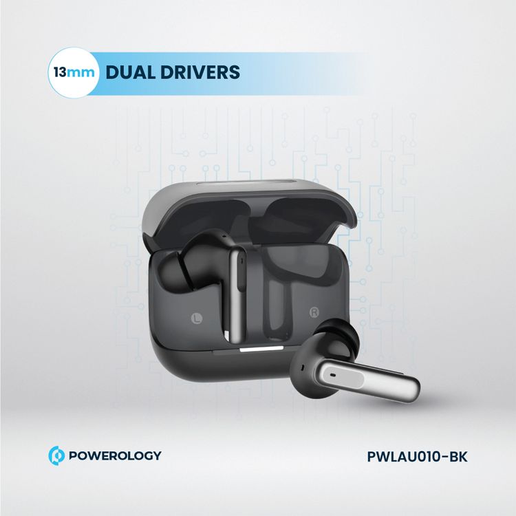 Powerology Hybrid True Wireless Earbuds with ANC + ENC, 6 Microphone, Bluetooth Version 5.3 & Type-C Charging Port - Black 