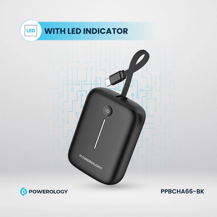 Powerology 10000mAh Power Bank with Detachable USB-C Wire, 20W Power Delivery, 3-Device Charging, Long Time Standby, Universal Phone Compatibility, Built-in Safeguards - Black