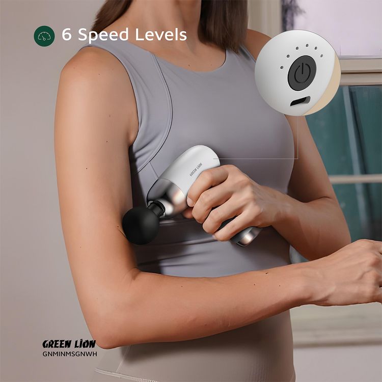 Green Lion Mini Massage Gun with 4 Massage Heads & 6 Speed Levels, ABS Material, Up to 2 Hours Working Time, Auto Shut-Off Function, 1200-3200 RPM Range, 24W Power, Brushed Motor, 1200mAh Battery - White