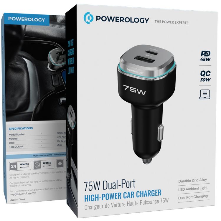 Powerology 75W Dual-Port High-Power Car Charger, USB-C & USB-A Ports, 75W Total Output, 45W Power Delivery, LED Ambient Light, Fast Charge, Zinc Alloy - Black / Silver