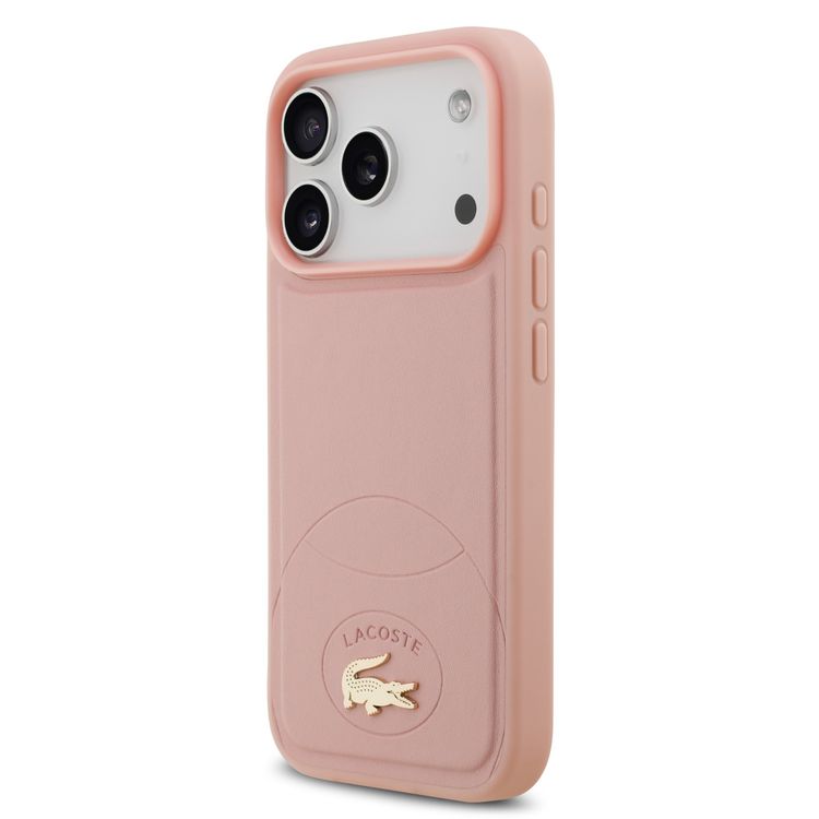 غطاء صلب من جلد PU من Lacoste بتصميم Bliss لجهاز iPhone 17 Pro، حماية من السقوط، ملف نحيف، تغليف مستدام، تصميم سهل التركيب - لون وردي