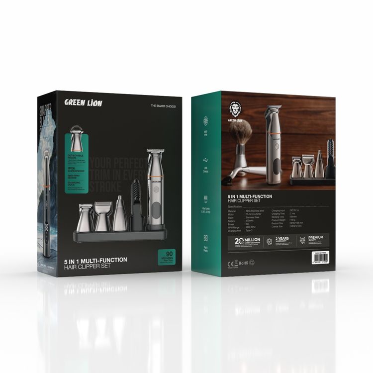 Green Lion 5-in-1 Multi-Function Hair Clipper Set with Multifunctional Replaceable Heads, LED Display, Cord and Cordless Functionality, 90 Minutes Working Time, Waterproof - Black