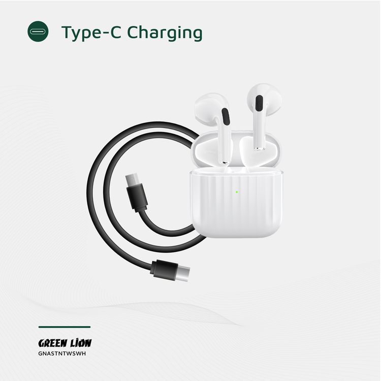 Green Lion Austin True Wireless Earbuds with Built-in Microphone, HiFi Sound, Dual-Mic, Touch Control, Voice Assistant, Type-C Charging, 3 Hours Playtime - White