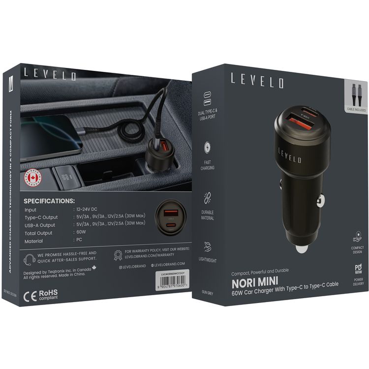 Levelo Nori Mini 60W Car Charger with  USB-C to USB-C Cable, USB-C & USB-A Ports, Fast Charging, 60W Power Delivery, 12-24V Input Power, Durable Material - Gun Gray