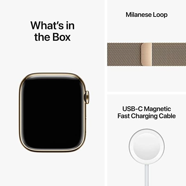Apple watch series 8 (GPS + Cellular) - Gold Stainless Steel Case, Gold Milanese Loop - 45 MM