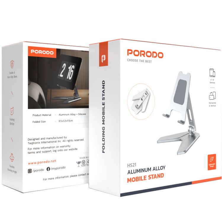 Porodo Aluminum Alloy Mobile Stand with Flexible Viewing Angle, 4" to 8" Phone Compatibility, Horizontal & Vertical Modes, Stable & Non-Slip Base, Foldable Design - Silver