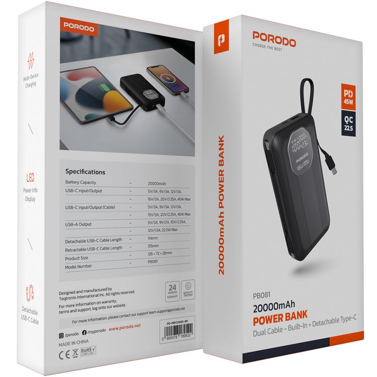 Porodo 20000mAh Power Bank with Retractable & Detachable Type-C Cables, 45W Power Delivery, 22.5W QC Output, LED Power Info Display, Multi-Device Charging - Black