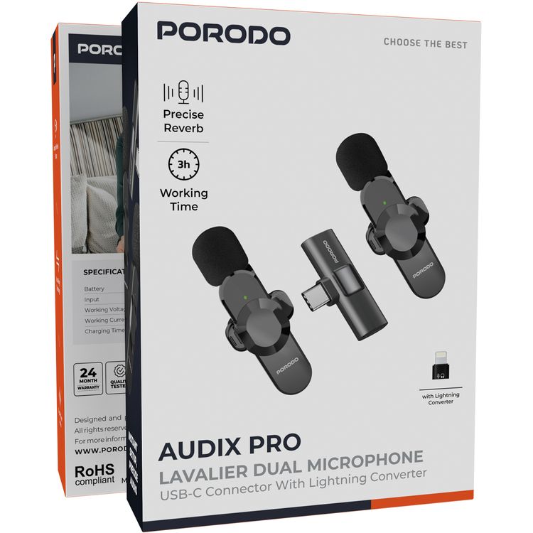 Porodo Audix Pro Lavalier Dual Microphones with Type-C & Lightning Connectoer, Up to 3 Hours Working Time, 1 Hour Charging Time, 40mAh Battery Capacity, Instant Wireless Setup, Auto Pairing Technology, Precise Reverb - Black