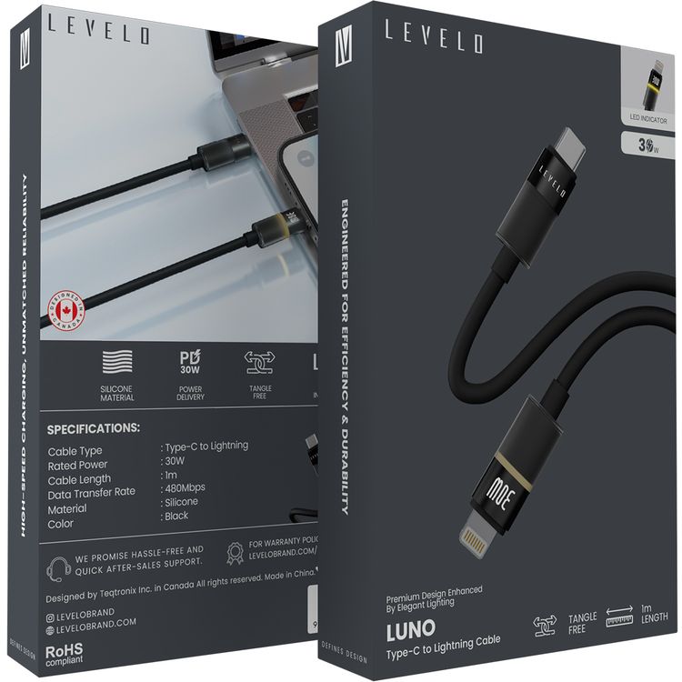 Levelo Luno USB-C to Lightning Cable with 30W Power Delivery, 1m Cable Length, 480Mbps Data Transfer Speed, Silicone Material, Tangle-Free, LED Indicator - Black