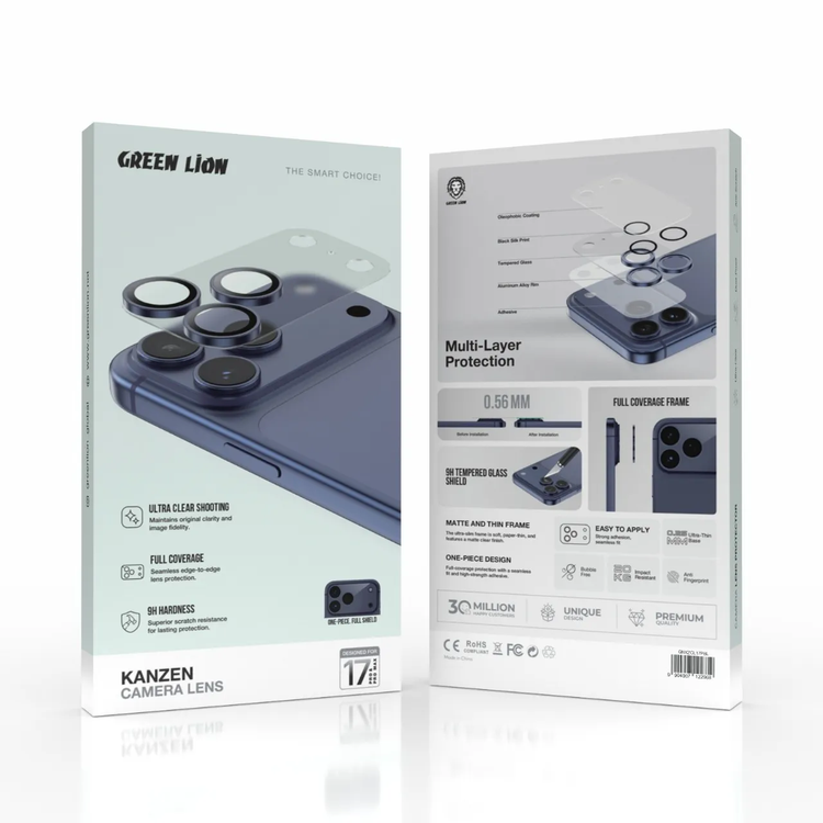 Green Lion Kanzen Camera Lens for iPhone 17 Pro Max, 9H Hardness, Easy to Apply, Anti Fingerprint, Bubble Free, Full Coverage, Ultra Clear Shooting, Impact Resistant, Ultra-Thin Base - Blue