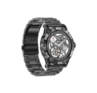 ساعة Swiss Military Dom2، عمر بطارية يصل إلى 7 أيام، استقبال وإجراء مكالمات، مراقبة معدل ضربات القلب وضغط الدم ومستوى الأكسجين، iOS وAndroid - أسود مع حزام معدني