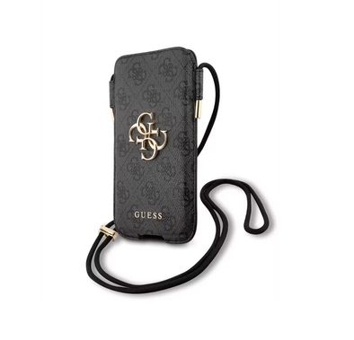 Guess 4G Script Crossbody Phone Pouch for iPhone 12 Pro Max ( 6.7" ) with Adjustable Neck Cord Lanyard Strap, Synthetic Leather Material - Gray