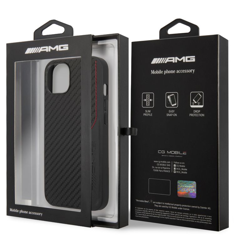 CG MOBILE AMG Hard Case with PU Carbon Effect Leather & Red Stitching Line Hot Stamped Logo Compatible for iPhone 13 (6.1") Easy Access to All Ports