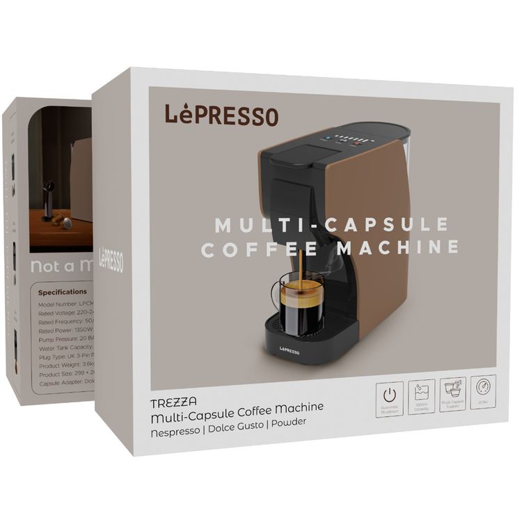 LePresso Trezza Multi-Capsule Coffee Machine with 1350W Rated Power, 1L Water Tank Capacity, 20 Bar Pump Pressure, 220-240V Rated Voltage, Automatic Shutdown - Brown