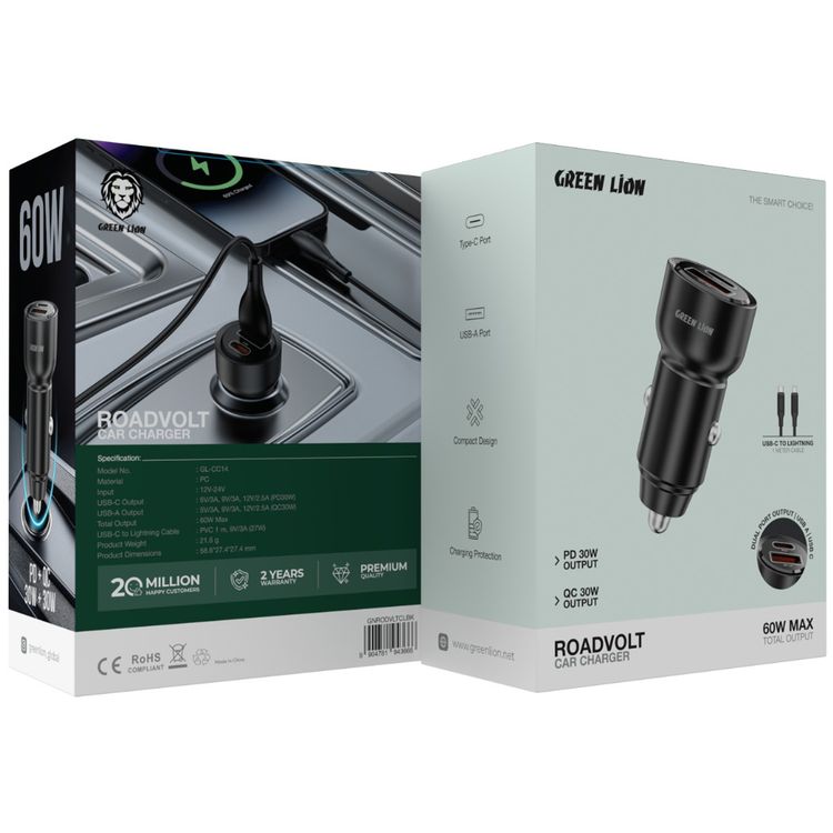 Green Lion Roadvolt Dual Port Car Charger with USB-C to Lightning Cable, 60W Total Output, USB-C & USB-A Ports, Compact Design, Charging Protection & Multi-Device Charging - Black
