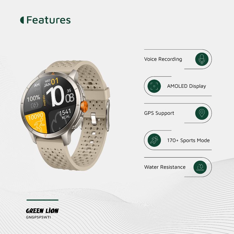 ساعة جرين ليون جي بي إس برو الذكية مع شاشة كبيرة بحجم 1.6 بوصة، وبارومتر وبوصلة، ومراقبة النوم، وتسجيل صوتي، وحقيقة 60 هيرتز إطار في الثانية، وميزة TWS، وموسيقى محلية وألبوم الهاتف، ومراقبة معدل ضربات القلب، مكالمة عبر البلوتوث، وجيوماجنيتيك وارتفاع، بطارية بسعة 450 مللي أمبير، ووقت عمل يصل إلى 6 أيام - تيتانيوم.
