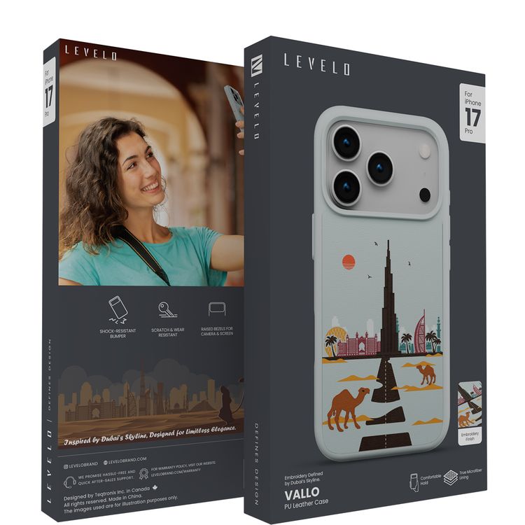 Levelo Vallo PU Leather Case for iPhone 17 Pro with Embroidery Dubai Finish, Comfortable Hold, Durable PU Leather, Raised Bezels for Camera and Screen, True Microfiber Interior Lining, Scratch & Wear Resistant, Shock-Resistant Bumper - Brushed Silver