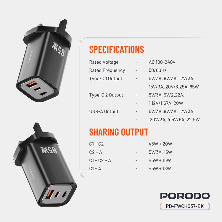 Porodo Triple Output Quick Wall Charger with 65W Power Delivery, Built-in Safeguards, Simultaneous Charging, 22.5W USB-A Output, Laptop Charging Compatibility - Black