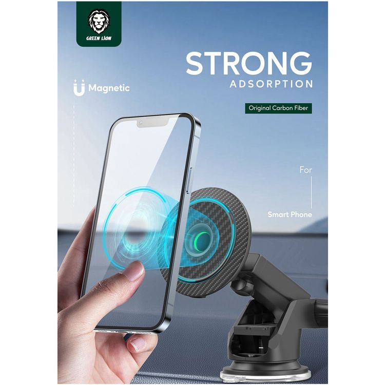 Green Lion Magnetic Wireless Car Charger with 360° Rotating Function, 15W Power, Carbon Fiber Material, Built-in Safety Protection, Fast Charging, Compact & Lightweight Design - Black