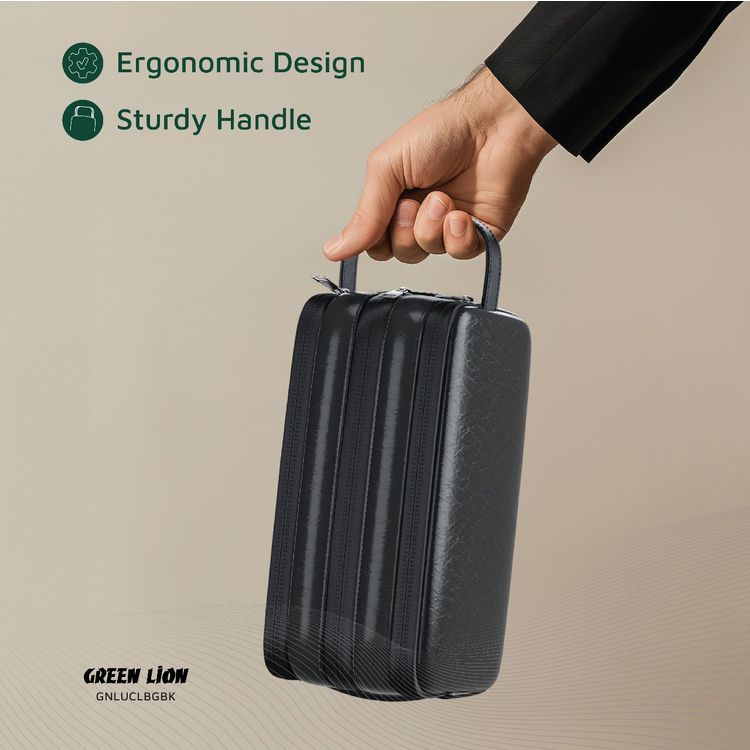 Green Lion Lucid Clutch Bag, 3 Compartments, Mesh Pockets, Sturdy Handle, Microfiber Interior, Water-Resistant PU Leather Exterior, Zinc Alloy Zipper - Black 