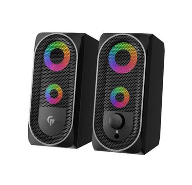 Porodo Gaming Stereo Speakers with RGB Light Effects, USB-A & 3.5mm Plugs, Volume Control Knob, 10W RMS Output, 1.2m Cable Length, Lightning Touch Sensor - Black