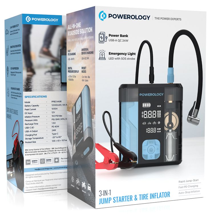 Powerology 3 in 1 Jump Starter & Tire Inflator with Digital Pressure Display, Fast PD Charging, Auto-Stop Inflation, 3-In-1 Power Utility, Smart Inflation System, 0.01-Bar Precision, 12000mAh Battery Capacity - Black/Blue