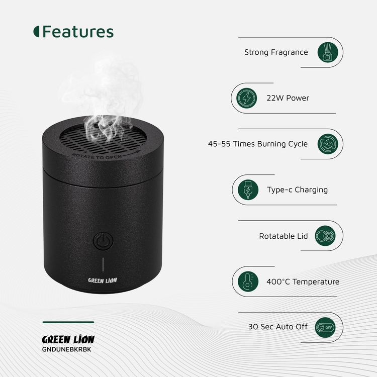 Green Lion Dune Bakhour Incense Burner with 2000mAh Battery Capacity, PA66 & Nylon Material, 300-400°C Heating Temperature, 2 Hours Charging Time, Type-C Charging Port, Strong Fragrance, Included Tweezer - Black