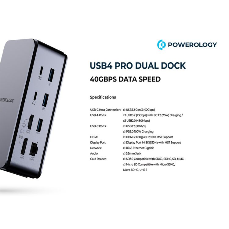 Powerology 15 in 1 Dual Dock Station, 40Gbps Data Speed, 100 Mbps Network Speed, PD 100W, 3.5mm Audio Jack - Gray 
