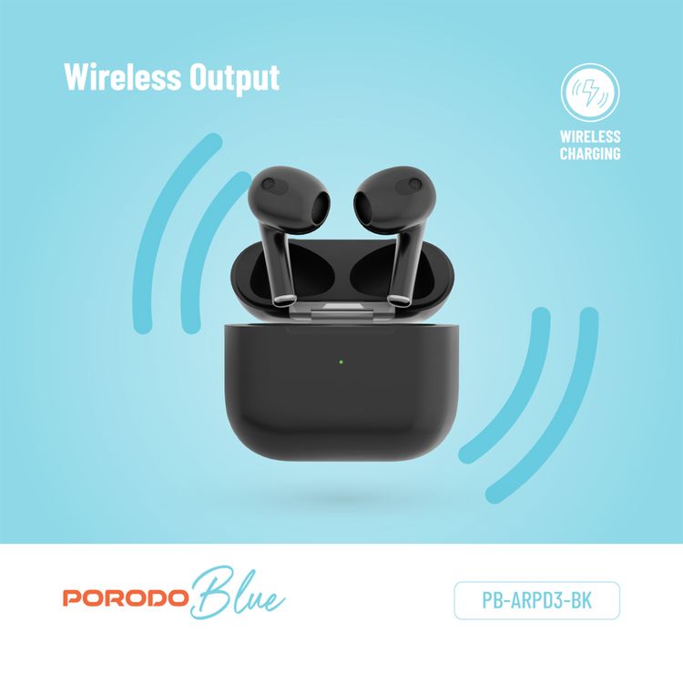 Porodo Blue Deep Bass Wireless Earbuds 3, 20 Hours Working Time, Type-C Charging Port, Environmental Noise Cancellation, Independent Earbuds, Touch Control - Black